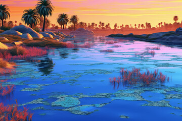 Poster - An image showcasing abstract interpretations of the Nile River, with flowing lines and serene blue tones. Generative AI technology.