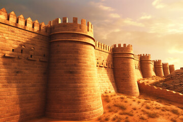Poster - An abstract portrayal of the fortified city walls of the Indus Valley Civilization, with strong lines and earthy tones. Generative AI technology.
