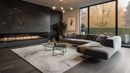 Wall Mural - Living room decor, home interior design . Modern Minimalist style with Fireplace decorated with Concrete and Glass material . Generative AI AIG26.