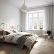 © piai - Master bedroom of a Scandinavian modern apartment. Bright and airy, with light wooden floors and minimalist decor. Generative AI
