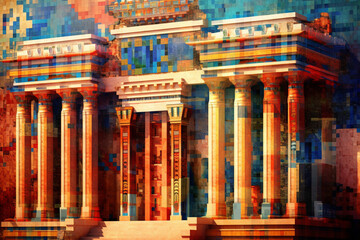 Poster -  An abstract portrayal of Carthaginian architecture, with geometric forms and a harmonious color scheme. Generative AI technology.