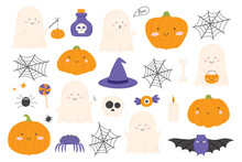 Cute Kids Set For Halloween. Collection Of Kids Ghosts And Pumpkins. Vector Illustration In A Flat Style. Halloween Cute Characters.