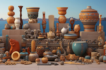 Poster - An image showcasing abstract representations of Phoenician trade goods, with stylized forms and a diverse color palette. Generative AI technology.