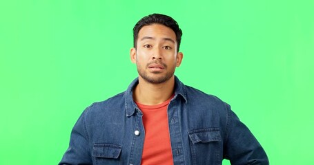 Wall Mural - Stress, upset and man in a studio with green screen with a wtf, angry and moody facial expression. Frustration, difficult and portrait of a male model with bad news isolated by chroma key background.