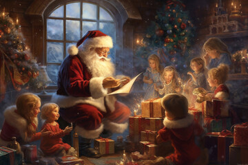 Illustration of Santa Claus reading letter on north pole