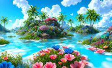 Paradise Land With Beautiful  Gardens, Castles And Flowers, Magical Idyllic Background With Many Flowers In Eden. Generative Ai.