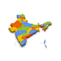  India political map of administrative divisions - states and union teritorries. Colorful 3D vector map with country province names and dropped shadow.