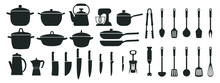 Big Set Of Kitchen Utensils, Silhouette. Pots, Pans, Ladle, Kettle, Coffee Maker, Mixer, Blender, Knives. Icons, Vector