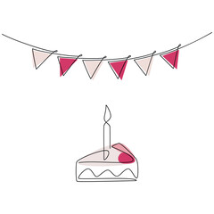 Wall Mural - Piece of birthday cake with candle and festive garland flags line continuous drawing. Vector illustration. Hand drawn linear icon. Minimal design greeting card, print, banner, poster, invitation.