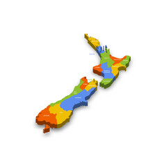  New Zealand political map of administrative divisions - regions. Colorful 3D vector map with country province names and dropped shadow.