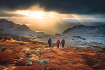 Wall Mural - Hikers and nature explorers Walking in the mountains with a cold atmosphere Beautiful winter nature landscape with morning sun rays. Generative AI