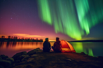 Wall Mural - camping with tent to see the gorgeous green northern lights Ice mountains and oceans winter at night.Generative AI.