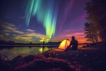 Wall Mural - A man camps in the northern forests with a tent to view the beautiful green northern lights, mountains and a frozen ocean. winter at night. Generative AI.