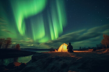 Wall Mural - A man camps in the northern forests with a tent to view the beautiful green northern lights, mountains and a frozen ocean. winter at night. Generative AI.