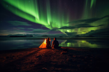 Wall Mural - camping with tent to see the gorgeous green northern lights Ice mountains and oceans winter at night.Generative AI.