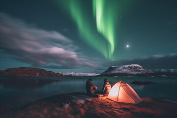 Wall Mural - A man camps in the northern forests with a tent to view the beautiful green northern lights, mountains and a frozen ocean. winter at night. Generative AI.