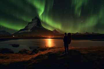 Wall Mural - A man in the northern forest with a tent to see the beautiful green northern lights. Northern lights, mountains and winter ocean at night.Generative AI.