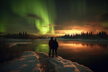 Wall Mural - northern lights with backpackers cold atmosphere to see the northern lights ice ocean Beautiful winter nature landscape. Norway. Generative AI