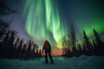 Wall Mural - northern lights with backpackers cold atmosphere to see the northern lights ice ocean Beautiful winter nature landscape. Norway. Generative AI