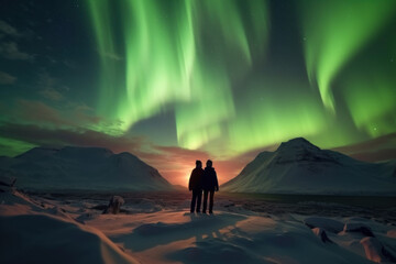 Wall Mural - northern lights with backpackers cold atmosphere to see the northern lights ice ocean Beautiful winter nature landscape. Norway. Generative AI