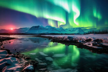 Northern Lights Beautiful Green Mountains And Frozen Ocean, Winter Landscape At Night. Travel To Norway. Generative AI