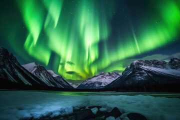 Wall Mural - northern lights beautiful green Mountains and frozen ocean, winter landscape at night. Travel to Norway. Generative AI