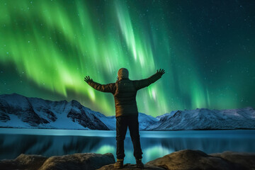 Wall Mural - A man in the northern forest with a tent to see the beautiful green northern lights. Northern lights, mountains and winter ocean at night.Generative AI.