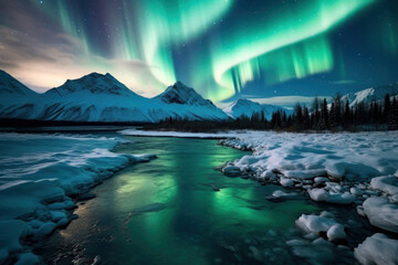 Wall Mural - northern lights beautiful green Mountains and frozen ocean, winter landscape at night. Travel to Norway. Generative AI