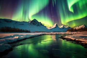 Wall Mural - northern lights beautiful green Mountains and frozen ocean, winter landscape at night. Travel to Norway. Generative AI