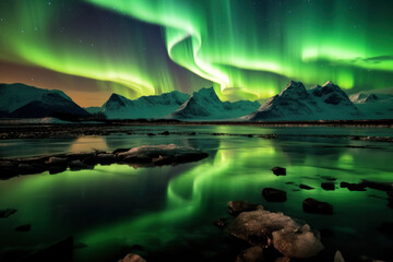 Wall Mural - northern lights beautiful green Mountains and frozen ocean, winter landscape at night. Travel to Norway. Generative AI