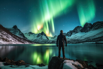 Wall Mural - Backpackers See the Northern Lights Lofoten Islands Norway Northern Lights Mountains and Frozen Ocean Winter landscape at night. Travel to Norway. Generative AI.
