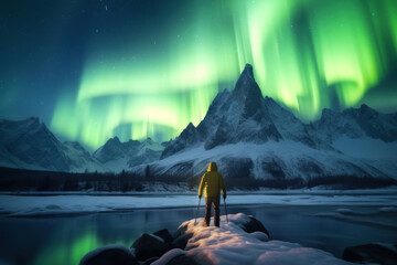Wall Mural - Backpackers See the Northern Lights Lofoten Islands Norway Northern Lights Mountains and Frozen Ocean Winter landscape at night. Travel to Norway. Generative AI.