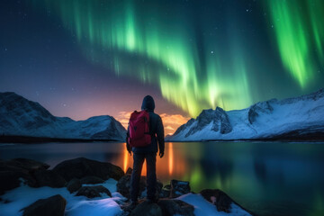 Wall Mural - Backpackers See the Northern Lights Lofoten Islands Norway Northern Lights Mountains and Frozen Ocean Winter landscape at night. Travel to Norway. Generative AI.