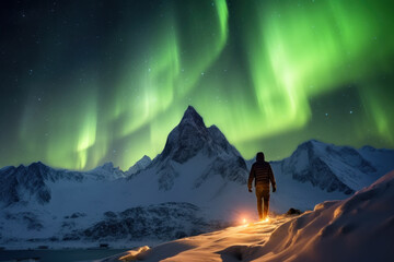 Wall Mural - Backpackers See the Northern Lights Lofoten Islands Norway Northern Lights Mountains and Frozen Ocean Winter landscape at night. Travel to Norway. Generative AI.
