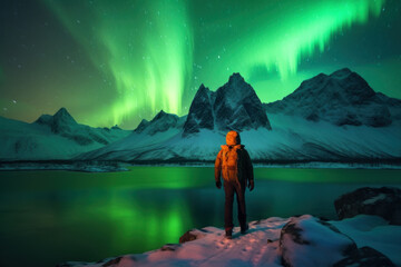 Wall Mural - Backpackers See the Northern Lights Lofoten Islands Norway Northern Lights Mountains and Frozen Ocean Winter landscape at night. Travel to Norway. Generative AI.