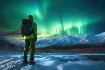 Wall Mural - Backpackers See the Northern Lights Lofoten Islands Norway Northern Lights Mountains and Frozen Ocean Winter landscape at night. Travel to Norway. Generative AI.