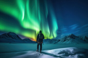 Wall Mural - Backpackers See the Northern Lights Lofoten Islands Norway Northern Lights Mountains and Frozen Ocean Winter landscape at night. Travel to Norway. Generative AI.