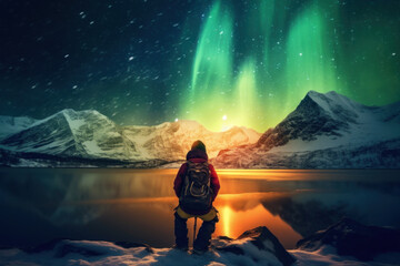 Wall Mural - Backpackers See the Northern Lights Lofoten Islands Norway Northern Lights Mountains and Frozen Ocean Winter landscape at night. Travel to Norway. Generative AI.