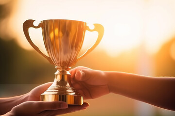 The championship with sports athletes in the background of the gymnasium. Success and achievement concept. Sports and cup themes.