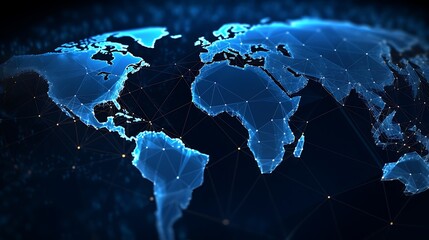 Explore the blue world map adorned with a captivating glow of the global network light.