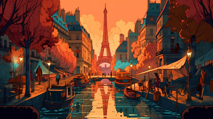 Wall Mural - Illustration of beautiful view of the city of Paris, France