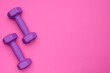 © GRON777 - The layout of two rubberized dumbbells of 2 kg of purple color on a pink background, top view.Sports training