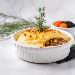 Wall Mural - Shepperd pie on a white bowl with lavender garnish on a Carrara white marble kitchen table