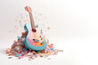 © ElizavetaSoloviova - A pastel-colored guitar lies on a mountain of stickers for recording notes or songs. Created by AI