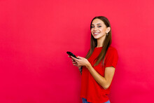 Portrait Of Woman Use Smartphone Read Social Network News Wear Good Look Isolated Over Red Background