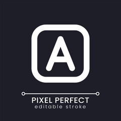 Font style pixel perfect white linear ui icon for dark theme. Title template tool. Adding text to video. Vector line pictogram. Isolated user interface symbol for night mode. Editable stroke