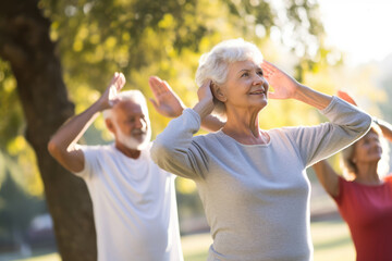 Senior adults practicing yoga in sunny summer day in the garden. Senior lifestyle active retirement concept. Generative Ai