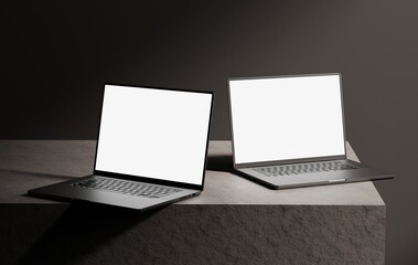 Realistic Laptop Mockup white blank screen with realistic light and shadow overlay on concrete dark scene 3D illustration Realistic rendering.