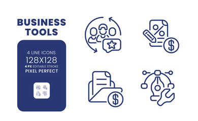 Sticker - Business tools linear desktop icons set. Enhance teamwork. Process management software. Pixel perfect 128x128, outline 4px. Isolated user interface elements pack for website. Editable stroke