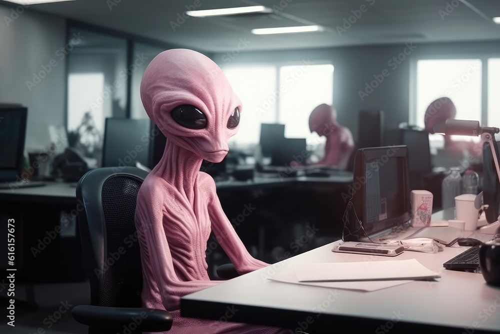 Pink alien works at work on earth, inhuman working conditions, business ...
